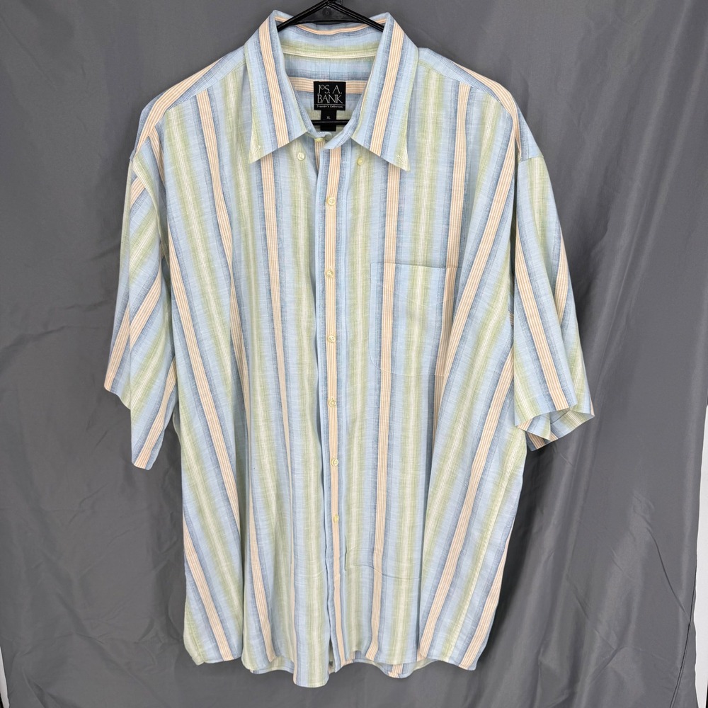 Jos. A.‎ Bank Button Up Shirt Mens XL Blue Green Striped 100% Linen Short Sleeve